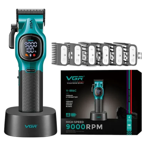 Îngrijire personală & Cosmetice - Mașină de Tuns Profesională VGR V-886C, Acumulator, Autonomie 120 Minute, Încărcare USB-C, Display LED, Funcție Turbo, Lame Inox, Verde