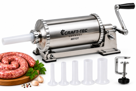 Casă & Grădină - Mașină de Umplut Cârnați Orizontală Craft-Tec Germany MX131, Capacitate 4 KG, 5 Pâlnii Incluse, Acționare Manuală, Prindere pe Masă