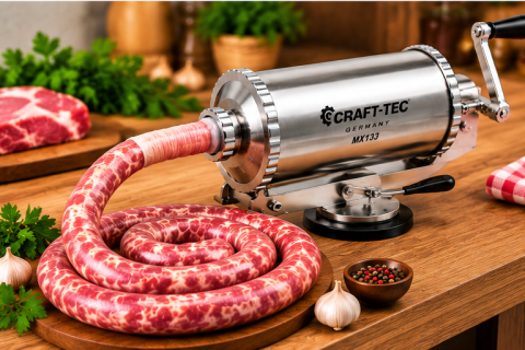 Mașină de Umplut Cârnați Orizontală Craft-Tec Germany MX133, Capacitate 2,5 KG, Inox, 3 Pâlnii Incluse, Prindere cu Ventuză, Acționare Manuală [2]