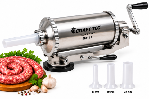 Accesorii bucatarie - Mașină de Umplut Cârnați Orizontală Craft-Tec Germany MX133, Capacitate 2,5 KG, Inox, 3 Pâlnii Incluse, Prindere cu Ventuză, Acționare Manuală