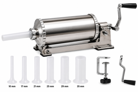 Accesorii bucatarie - Mașină de Umplut Cârnați Orizontală Craft-Tec Germany MX1834, Capacitate 6 KG, Inox, 6 Pâlnii Incluse, Prindere cu Menghină, Acționare Manuală