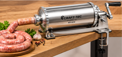 Mașină de Umplut Cârnați Orizontală Craft-Tec Germany MX1834, Capacitate 6 KG, Inox, 6 Pâlnii Incluse, Prindere cu Menghină, Acționare Manuală [3]