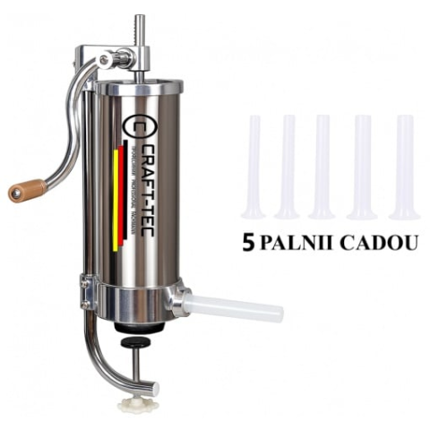Accesorii bucatarie - Mașină de Umplut Cârnați Verticală Craft-Tec MX128, Capacitate 4 KG, 5 Pâlnii Incluse, Corp Metalic, Prindere pe Masă, Acționare Manuală