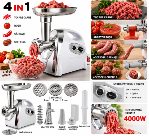 Mașină de Tocat Carne MOTOYAMA JAPAN, 4000W, 4 în 1, Reverse, 3 Site Inox, Accesorii Roșii și Cârnați [2]