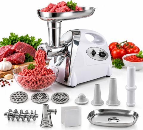 Mașină de Tocat Carne MOTOYAMA JAPAN, 4000W, 4 în 1, Reverse, 3 Site Inox, Accesorii Roșii și Cârnați [1]