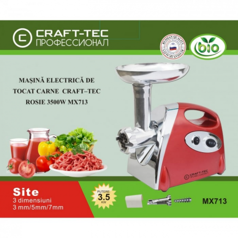 Masina de rosii / storcator de rosii si tocat carne Craft-Tec Rosu 3800W, Accesorii rosii, carnati, chiftele, 3 site, functia revers, motor cupru [3]
