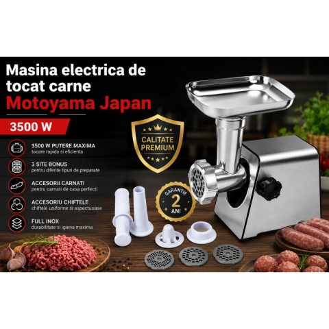 Masina electrica de tocat carne Motoyama Japan, 3500 W, Full inox, 3 site bonus, Accesorii carnati si chiftele, Calitate Premium [1]