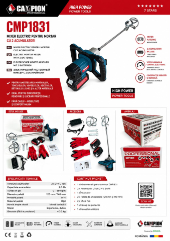 Mixerul, malaxor electric cu amestecator Breckner Germany pentru vopsea, mortar si adeziv are o putere nominala de 1200 W, alimentare la 220 -240 V si frecventa 50 - 60 Hz, proiectat pentru obtinerea [3]