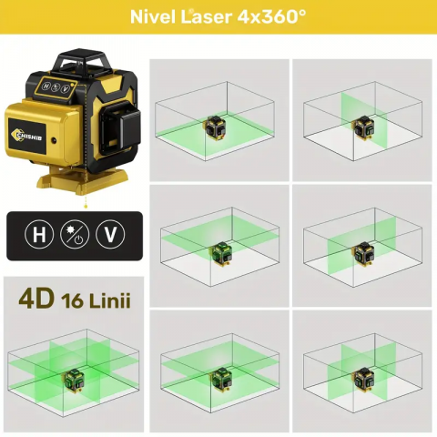 Nivel laser auto-nivelant Leihmann 4X360, 16 linii, 4D, linii de culoare verde, 2 × 360 linii orizontale și 2 × 360 linii verticale, aliniere precisă, două baterii Li-Ion și geantă portabilă [4]