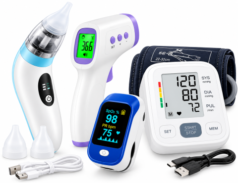 Îngrijire personală & Cosmetice - Pachet Promo 4 în 1  – Aspirator Nazal, Pulsoximetru, Termometru și Tensiometru