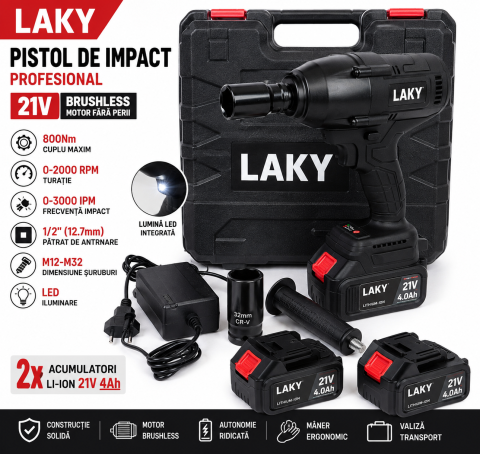 Pistol de Impact Profesional LAKY Brushless 21V, 800Nm, 2 Acumulatori 4Ah, Tubulară 32mm, 1/2", LED, Valiză Transport [2]