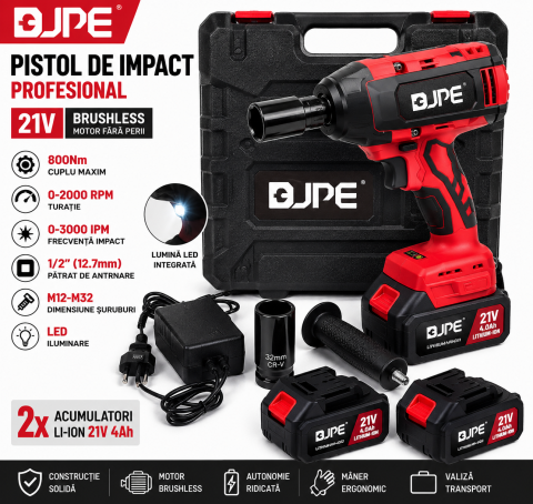 Pistol de Impact Profesional LAKY Brushless 21V, 800Nm, 2 Acumulatori 4Ah, Tubulară 32mm, 1/2", LED, Valiză Transport [1]