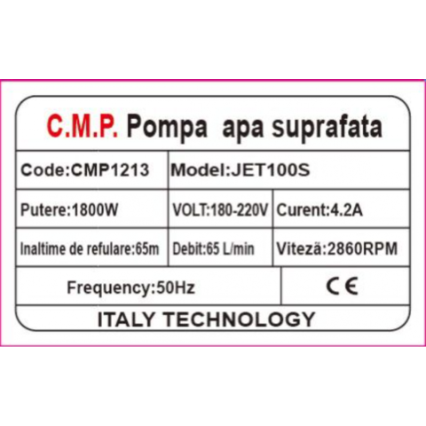 Pompa de Apă de Suprafață CMP1213 JET100S, 1800W, Debit 65L/min, Refulare 65m, Autoamorsantă [2]