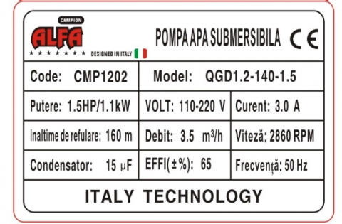 Pompa submersibila Alfa Premium, refulare 160m, debit 3.5m3/h, inox, 20m cablu, bobinaj cupru [1]