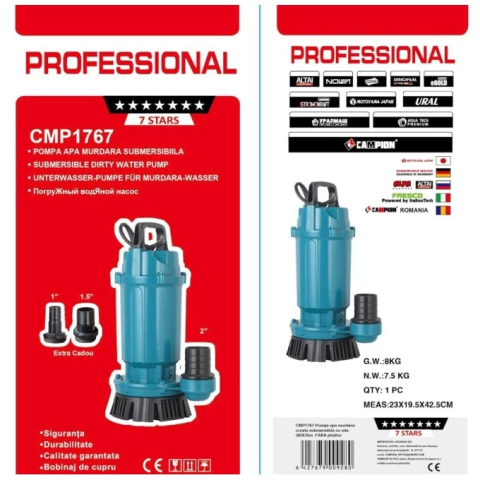 Pompa submersibila apa curata CMP1767 QDX10-35-1.1, 1.1kW, 1.5HP, debit 10 mc/h, inaltime refulare 35m, iesire 2" / 1.5" / 1", 2860RPM, 110-220V, fara plutitor [2]