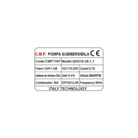 Pompa submersibila apa curata CMP1767 QDX10-35-1.1, 1.1kW, 1.5HP, debit 10 mc/h, inaltime refulare 35m, iesire 2" / 1.5" / 1", 2860RPM, 110-220V, fara plutitor [1]
