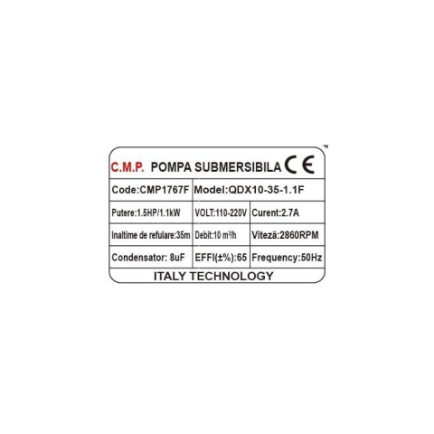 Pompa submersibila apa curata CMP1767F QDX10-35-1.1F, 1.1kW, 1.5HP, debit 10 mc/h, inaltime refulare 35m, iesire 2" / 1.5" / 1", 2860RPM, 110-220V, cu plutitor [1]