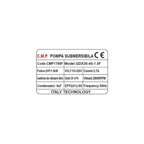 Pompa submersibila apa curata CMP1768F QDX30-45-1.5F, 1.5kW, 2HP, debit 30 mc/h, inaltime refulare 45m, iesire 2" / 1.5" / 1", 2860RPM, 110-220V, cu plutitor [1]