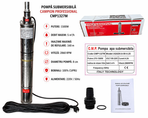 Pompă Submersibilă de Adâncime Campion Professional CMP1327M, 1500W, Bobinaj Cupru, Diametru 8cm, Refulare 160m, Debit 5m³/h, cu Reducție 3/4" [1]