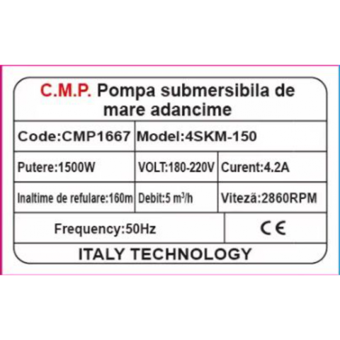 Pompa Submersibilă de Mare Adâncime CMP 1667 (4SKM-150), 1500W, Debit 5 m³/h, Refulare 160m [2]