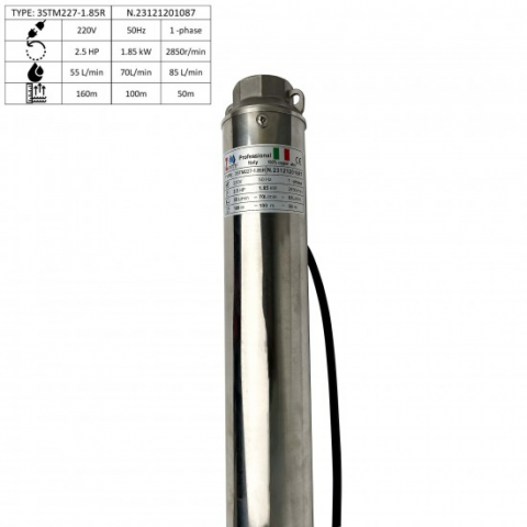 Pompa submersibila cu 27 turbine, ZINITH ITALY 3STM227, 1.85KW, 85 L/MIN 160M, bobinaj cupru, cablu alimentare 20M [2]