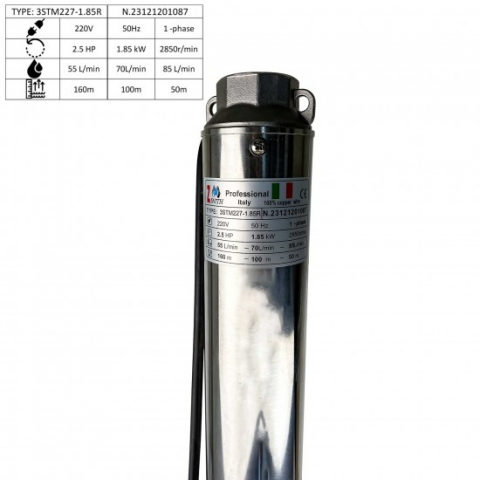 Pompa submersibila cu 27 turbine, ZINITH ITALY 3STM227, 1.85KW, 85 L/MIN 160M, bobinaj cupru, cablu alimentare 20M [1]