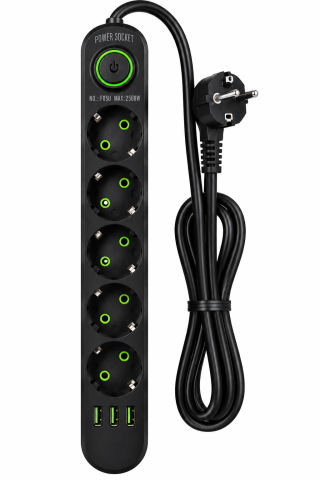 Electrocasnice & Electronice - Prelungitor Electric cu 5 Prize și 3 Porturi USB, Întrerupător, Protecție Ignifugă, Putere Maximă 2500W, Negru