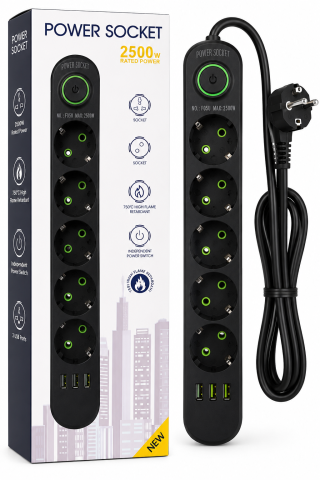 Prelungitor Electric cu 5 Prize și 3 Porturi USB, Întrerupător, Protecție Ignifugă, Putere Maximă 2500W, Negru [1]