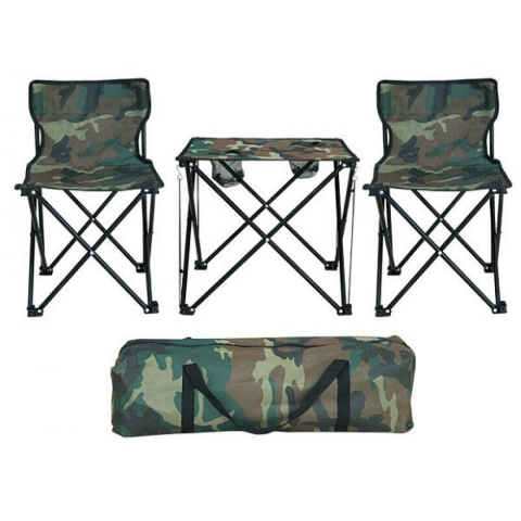 Pescuit & Vanatoare - Set Camping 3 Piese, Masă Pliabilă + 2 Scaune, Suport Pahare, Geantă Transport, Camuflaj