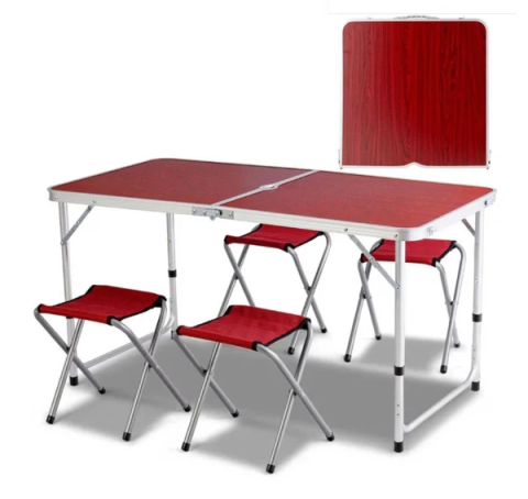 Diverse - Set Camping Pliabil 5 Piese, Masa 120x60 cm + 4 Scaune, Cadru Aluminiu, Inaltime Reglabila, Orificiu Umbrela, Tip Valiza