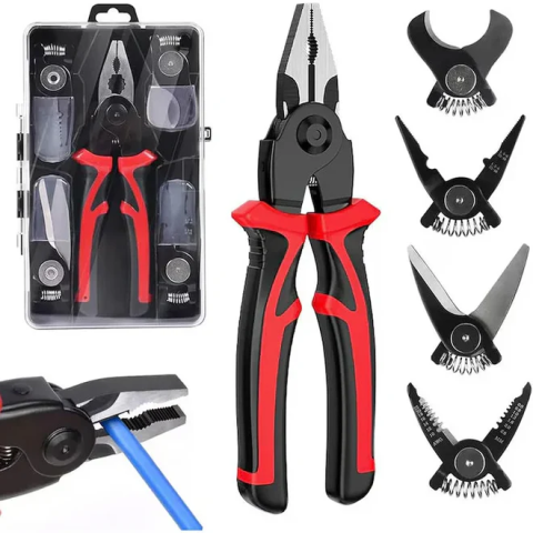 Truse, Scule de mana si unelte - Set Cleste Multifunctional 5 in 1 SJP-8029, Patent, Dezizolator, Sertizor, Taietor Cabluri si Foarfeca Tabla, Capete Interschimbabile, Otel Cr-V