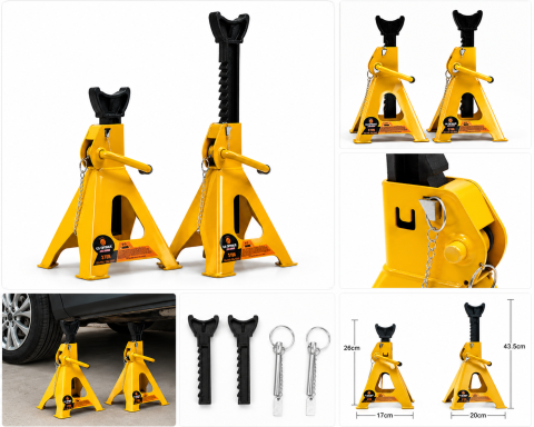 Accesorii auto - Set format din 2 suporturi tip capră auto GS Optimus cu capacitate maximă de 3 tone. Prevăzute cu sistem de blocare cu clichet, construcție din oțel rezistent și înălțime reglabilă între 260 și 435 mm