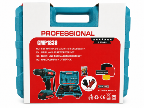 Set Mașină de Găurit și Înșurubat CAMPION PRO Professional, 2 Acumulatori 48V, 28Nm, Mandrină 10 mm, 98 Accesorii și Geantă [4]
