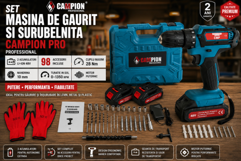 Set Mașină de Găurit și Înșurubat CAMPION PRO Professional, 2 Acumulatori 48V, 28Nm, Mandrină 10 mm, 98 Accesorii și Geantă [7]