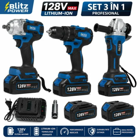 Set Profesional 3 in 1 Blitz Power, Masina de Gaurit si Insurubat, Cheie de Impact, Polizor Unghiular, 2 Acumulatori Li-Ion, Incarcator Inclus [0]