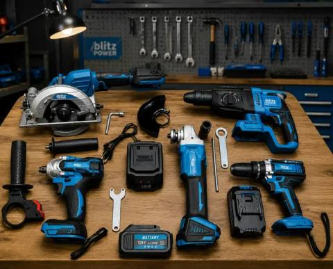 Set Profesional 5 Scule Electrice cu Acumulator Blitz Power 128F, Masina de Gaurit, Rotopercutor, Flex, Fierastrau Circular, Cheie Impact, 2 Acumulatori 8Ah [2]