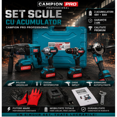 Set scule cu acumulator CAMPION PRO PROFESSIONAL, 2 acumulatori 48V, autofiletanta, polizor unghiular, ciocan rotopercutor, cheie de impact, geanta transport, set profesional 4 in 1.  Atunci cand ai n [1]