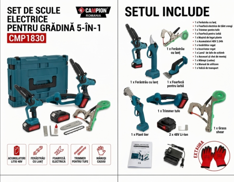 Set Scule de Grădină fără Fir CAMPION PROFESSIONAL CMP1830, 5 în 1, 2 Acumulatori 48V 10Ah, Fierăstrău, Foarfecă Electrică, Trimmer și Mașină de Legat [3]