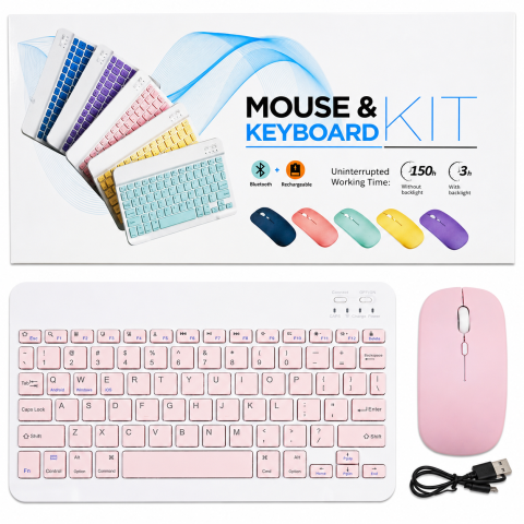 Electrocasnice & Electronice - Set Tastatură și Mouse Wireless Bluetooth, Reîncărcabile, Tastatură Compactă cu Iluminare, Compatibil Android, Windows și iOS, Roz