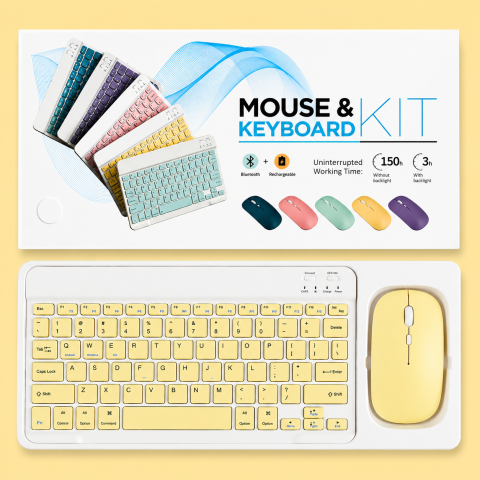 Set Tastatură și Mouse Wireless Bluetooth, Reîncărcabile, Tastatură Compactă cu Iluminare, Compatibil Android, Windows și iOS, Roz [1]