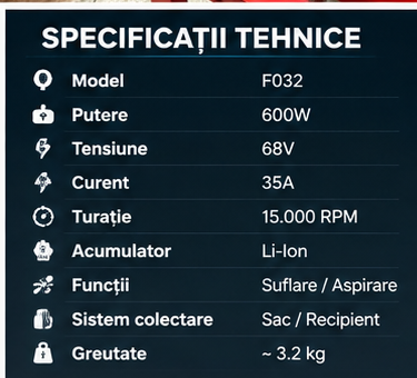 Suflanta si Aspirator de Frunze cu Acumulator F032, 2 in 1, 600W, 15.000 RPM, Sac Colector, Functie Aspirare si Suflare [6]