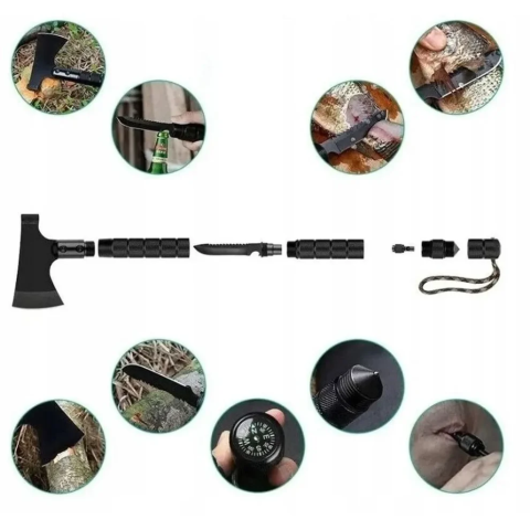Topor Multifuncțional 9 în 1 pentru Camping și Outdoor, 43,5 cm, Oțel 420, Cuțit, Fierăstrău, Amnar, Fluier, Busolă, Husă [1]
