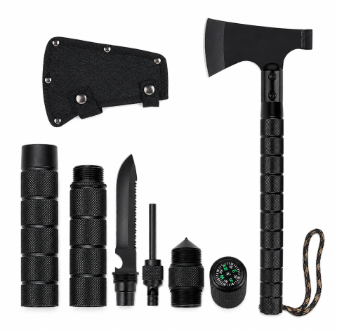 Truse, Scule de mana si unelte - Topor Multifuncțional 9 în 1 pentru Camping și Outdoor, 43,5 cm, Oțel 420, Cuțit, Fierăstrău, Amnar, Fluier, Busolă, Husă