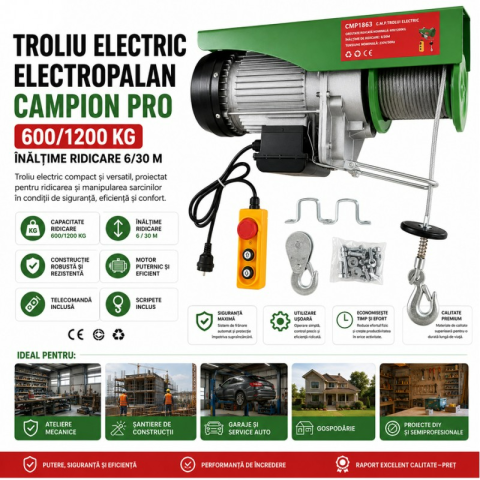 Troliu Electric Electropalan Campion Pro 600/1200 Kg, Inaltime Ridicare 6/30 m, pentru Atelier, Garaj si Santier [3]