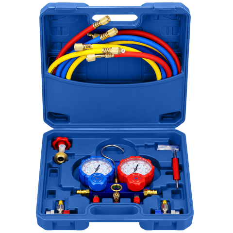 Truse, Scule de mana si unelte - Trusa Manometre Aer Conditionat Auto si Instalatii Frigorifice, 2 Cai, 0-800 PSI, 3 Furtunuri 1.5 m, Cuplaje Rapid LOW/HIGH, Compatibila R134A, R22, R410A