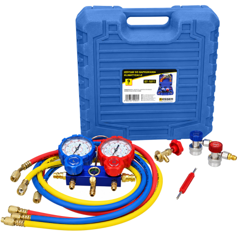 Trusa Manometre Aer Conditionat Auto si Instalatii Frigorifice, 2 Cai, 0-800 PSI, 3 Furtunuri 1.5 m, Cuplaje Rapid LOW/HIGH, Compatibila R134A, R22, R410A [1]