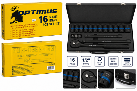 Truse, Scule de mana si unelte - Trusă Tubulare Impact OPTIMUS 16 Piese, 1/2", Cheie Clichet, Prelungitoare 5" și 10", Cardan Universal, Cutie Metalică