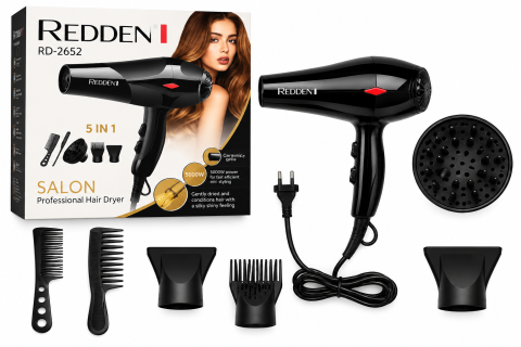 Îngrijire personală & Cosmetice - Uscător de Păr Profesional REDDEN RD-2652, 5000W, 5 în 1, Grilă Ceramică, Accesorii Styling, Negru
