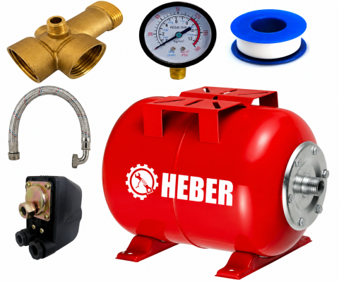 Truse, Scule de mana si unelte - Kit complet accesorii hidrofor cu vas de expansiune Heber® 100L, presostat, manometru, racord 5 căi bronz, furtun inox 60 cm și bandă teflon