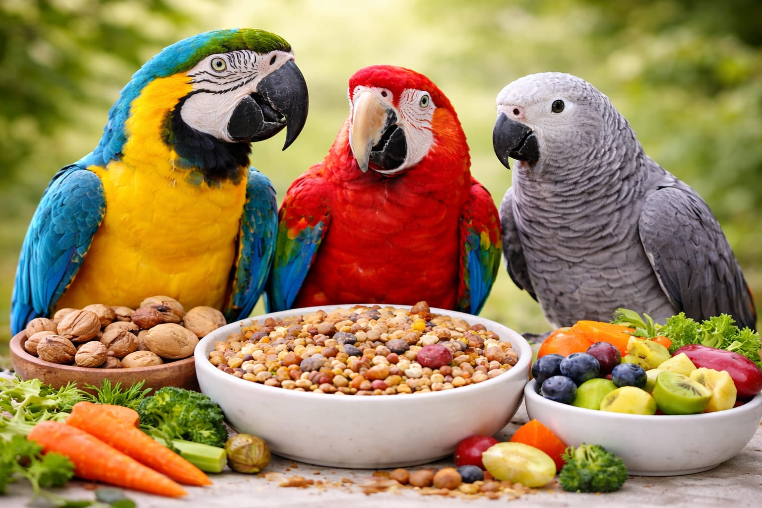 Ce mănâncă papagalii mari? Ghid complet pentru Ara, Macaw și Papagalul Gri African